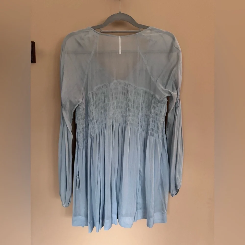 Free People Blue Lini Smocked V-Neck Tassel Boho Tunic Top Size XS